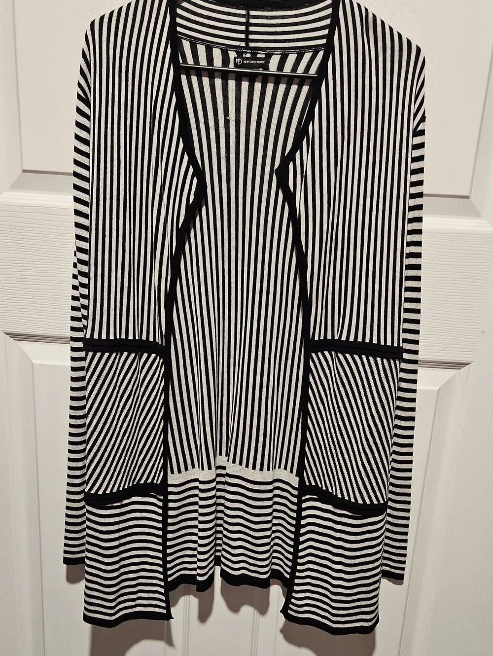 New Directions Black and White Striped Long Sleeve Open Cardigan
